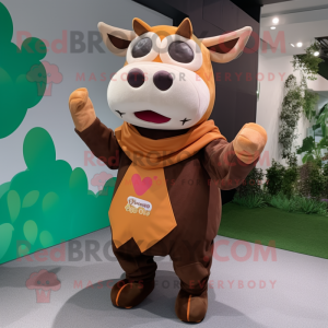 Brown Cow mascot costume character dressed with a Bodysuit and Scarves