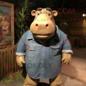 Tan Hippopotamus mascot costume character dressed with a Denim Shirt and Cummerbunds