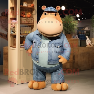 Tan Hippopotamus mascot costume character dressed with a Denim Shirt and Cummerbunds