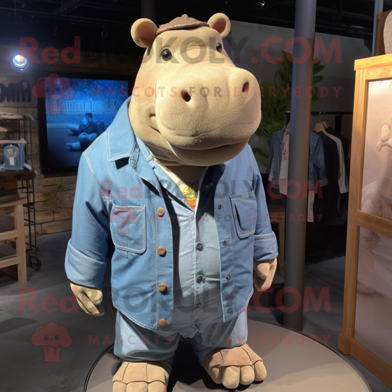 Tan Hippopotamus mascot costume character dressed with a Denim Shirt and Cummerbunds