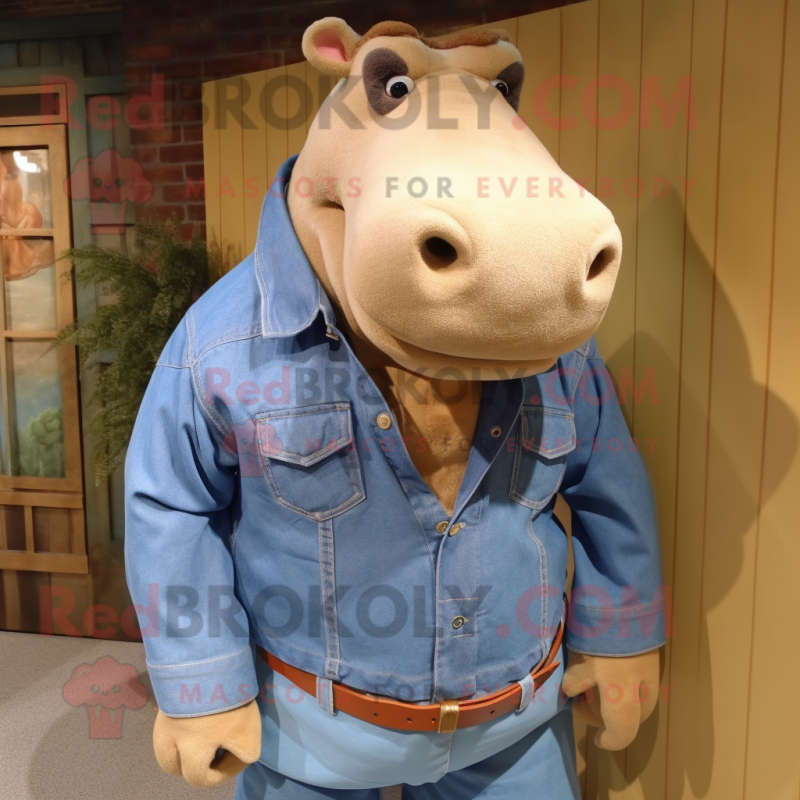 Tan Hippopotamus mascot costume character dressed with a Denim Shirt and Cummerbunds