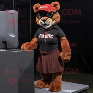 Rust Panther mascot costume character dressed with a Pleated Skirt and Eyeglasses