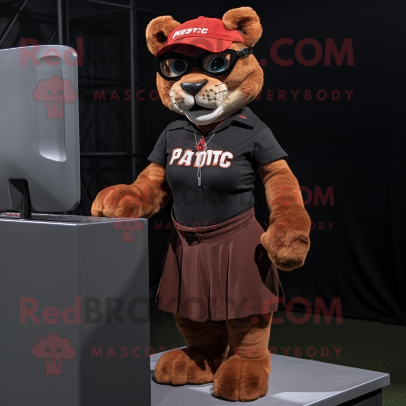 Rust Panther mascot costume character dressed with a Pleated Skirt and Eyeglasses Rust Panther mascot costume character dressed with a Pleated Skirt and Eyeglasses