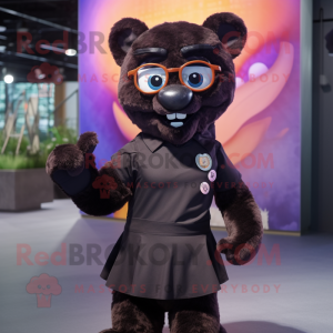 Rust Panther mascot costume character dressed with a Pleated Skirt and Eyeglasses