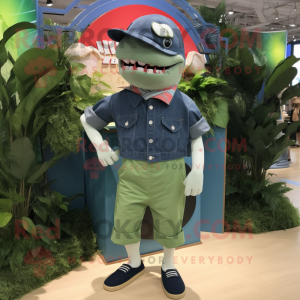 Green Shark mascot costume character dressed with a Denim Shorts and Brooches