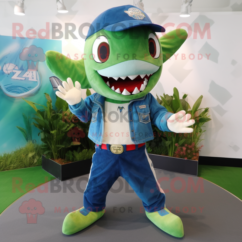 Green Shark mascot costume character dressed with a Denim Shorts and Brooches Green Shark mascot costume character dressed with a Denim Shorts and Brooches