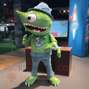 Green Shark mascot costume character dressed with a Denim Shorts and Brooches