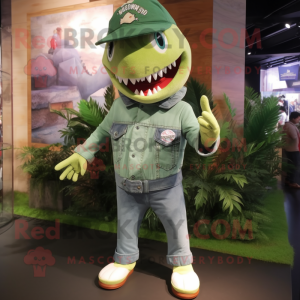 Green Shark mascot costume character dressed with a Denim Shorts and Brooches