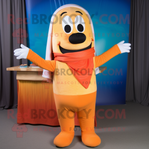 Orange Hot Dogs mascot costume character dressed with a Sweater and Wraps