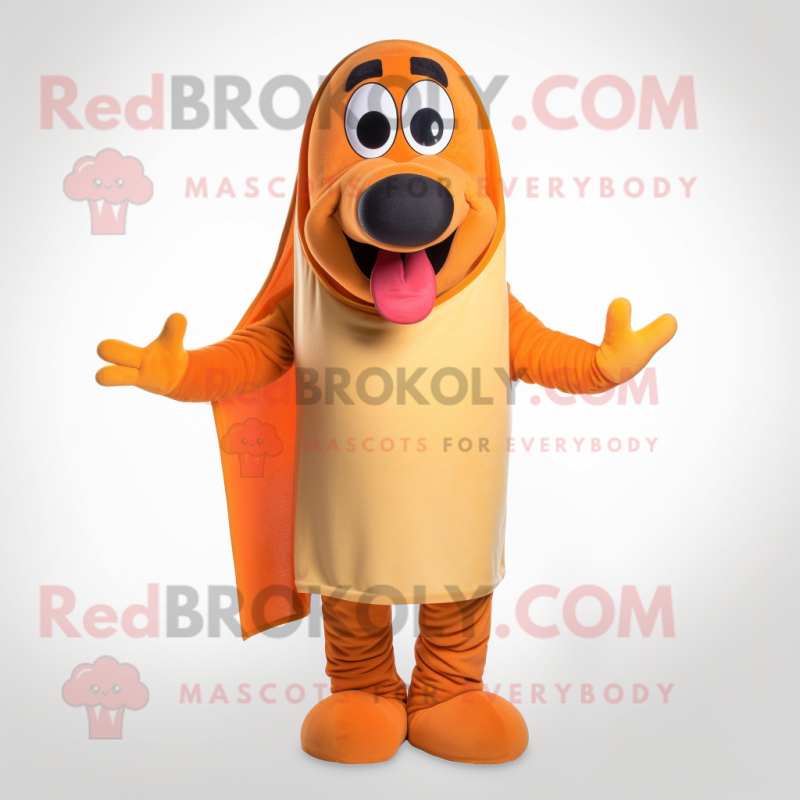 Orange Hot Dogs mascot costume character dressed with a Sweater and Wraps Orange Hot Dogs mascot costume character dressed with a Sweater and Wraps