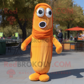 Orange Hot Dogs mascot costume character dressed with a Sweater and Wraps