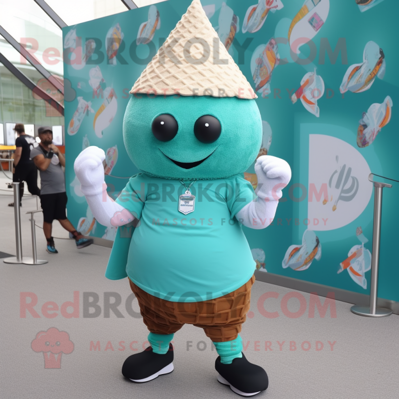 Teal Ice Cream Cone mascot costume character dressed with a Cargo Shorts and Shawl pins