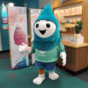 Teal Ice Cream Cone mascot costume character dressed with a Cargo Shorts and Shawl pins