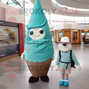 Teal Ice Cream Cone mascot costume character dressed with a Cargo Shorts and Shawl pins