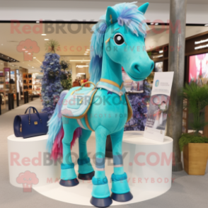 Turquoise Horse mascot costume character dressed with a Playsuit and Handbags