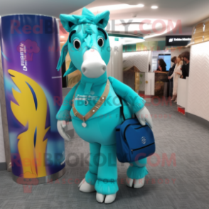 Turquoise Horse mascot costume character dressed with a Playsuit and Handbags