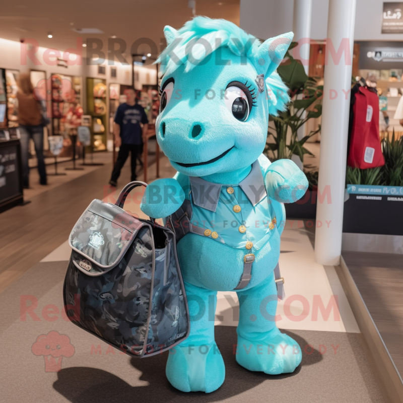 Turquoise Horse mascot costume character dressed with a Playsuit and Handbags