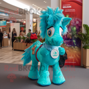 Turquoise Horse mascot costume character dressed with a Playsuit and Handbags