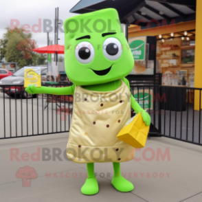 Lime Green Grilled Cheese Sandwich mascot costume character dressed with a Empire Waist Dress and Tote bags