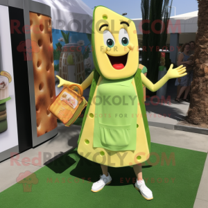 Lime Green Grilled Cheese Sandwich mascot costume character dressed with a Empire Waist Dress and Tote bags