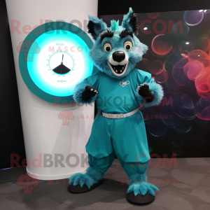 Teal Hyena mascot costume character dressed with a Circle Skirt and Digital watches