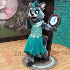 Teal Hyena mascot costume character dressed with a Circle Skirt and Digital watches