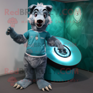 Teal Hyena mascot costume character dressed with a Circle Skirt and Digital watches