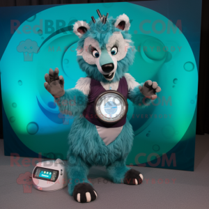 Teal Hyena mascot costume character dressed with a Circle Skirt and Digital watches