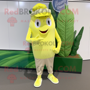 Lemon Yellow Celery mascot costume character dressed with a Chinos and Caps