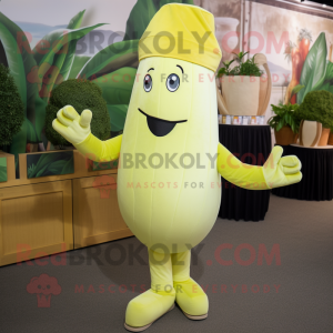 Lemon Yellow Celery mascot costume character dressed with a Chinos and Caps