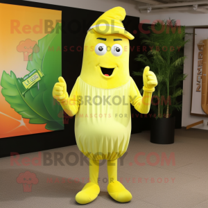 Lemon Yellow Celery mascot costume character dressed with a Chinos and Caps