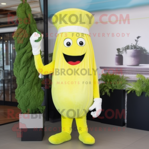 Lemon Yellow Celery mascot costume character dressed with a Chinos and Caps