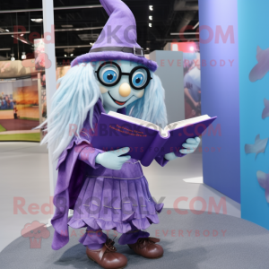 Lavender Witch mascot costume character dressed with a Bootcut Jeans and Reading glasses