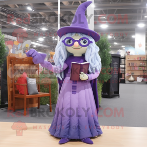 Lavender Witch mascot costume character dressed with a Bootcut Jeans and Reading glasses