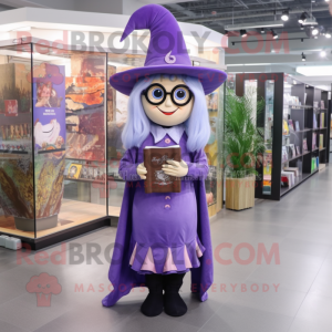 Lavender Witch mascot costume character dressed with a Bootcut Jeans and Reading glasses