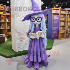 Lavender Witch mascot costume character dressed with a Bootcut Jeans and Reading glasses