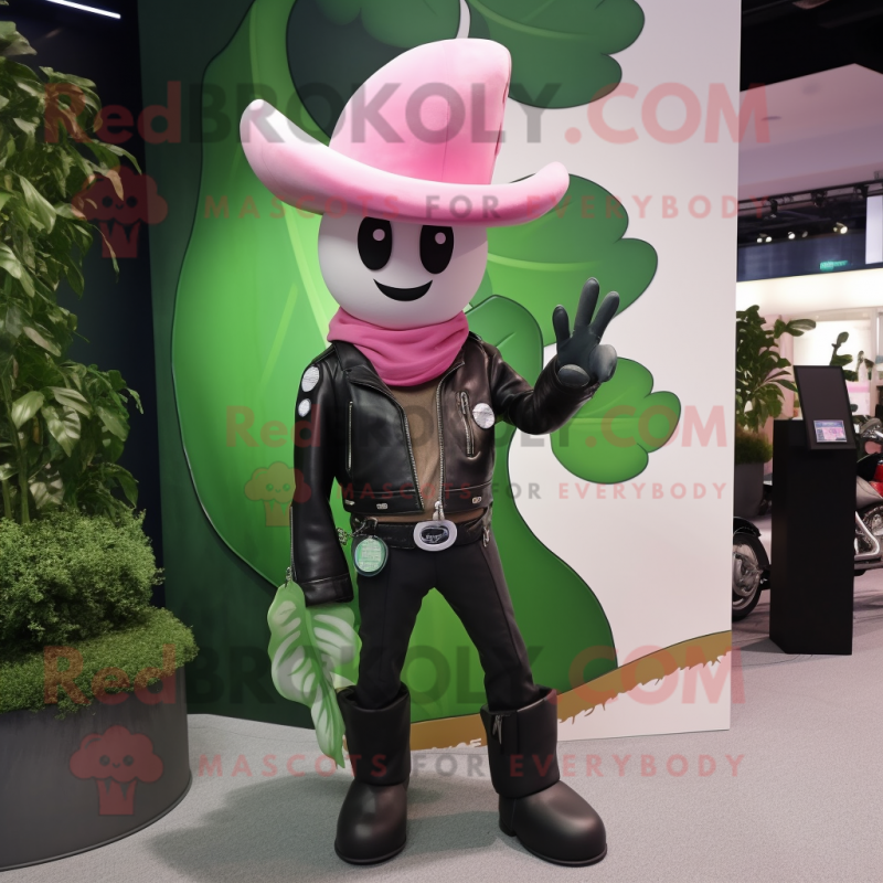Pink Beanstalk mascot costume character dressed with a Biker Jacket and Hats Pink Beanstalk mascot costume character dressed with a Biker Jacket and Hats