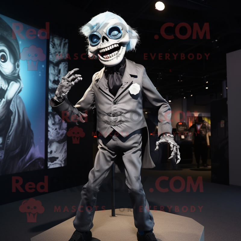 Silver Undead mascot costume character dressed with a Coat and Suspenders Silver Undead mascot costume character dressed with a Coat and Suspenders