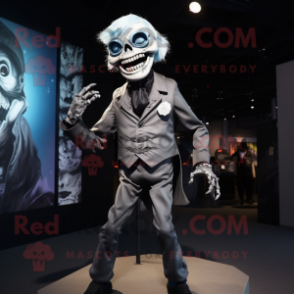Silver Undead mascot costume character dressed with a Coat and Suspenders