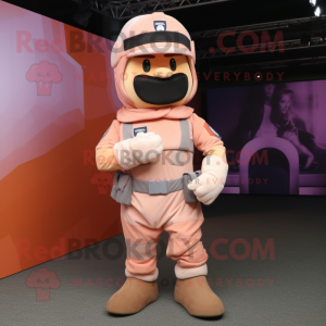 Peach Spartan Soldier mascot costume character dressed with a Overalls and Caps