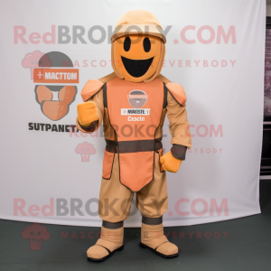 Peach Spartan Soldier mascot costume character dressed with a Overalls and Caps