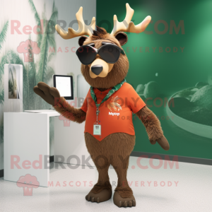 Rust Irish Elk mascot costume character dressed with a Romper and Sunglasses