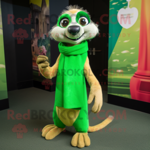 Green Meerkat mascot costume character dressed with a Dress Pants and Scarves