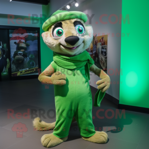 Green Meerkat mascot costume character dressed with a Dress Pants and Scarves