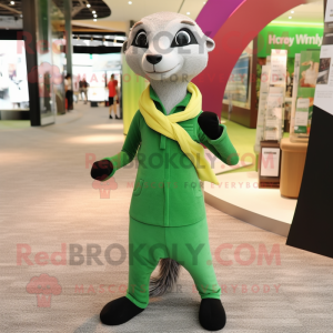 Green Meerkat mascot costume character dressed with a Dress Pants and Scarves