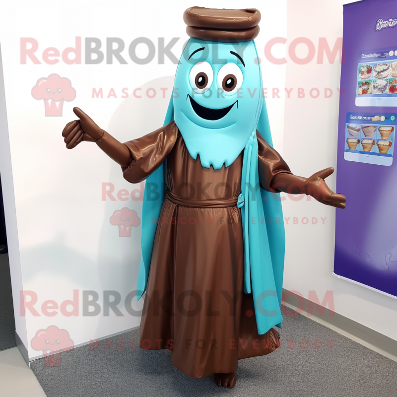 Cyan Chocolate Bar mascot costume character dressed with a Evening Gown and Shawl pins Cyan Chocolate Bar mascot costume character dressed with a Evening Gown and Shawl pins