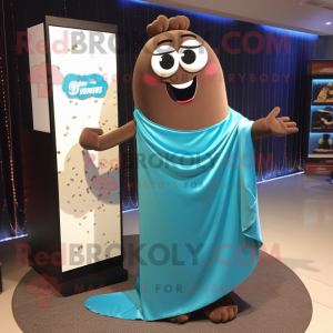 Cyan Chocolate Bar mascot costume character dressed with a Evening Gown and Shawl pins