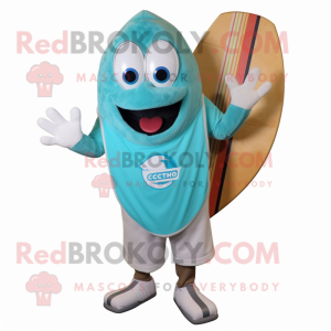 Turquoise Clam Chowder mascot costume character dressed with a Board Shorts and Tie pins