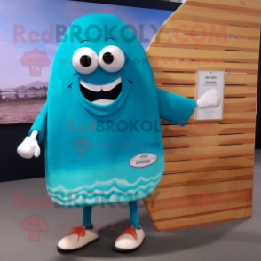 Turquoise Clam Chowder mascot costume character dressed with a Board Shorts and Tie pins