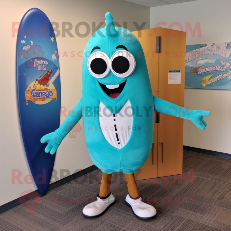 Turquoise Clam Chowder mascot costume character dressed with a Board Shorts and Tie pins